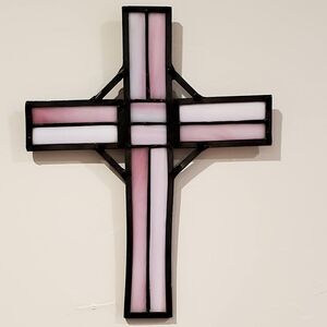 Vintage Handmade Lead Stained Glass Wall Hanging Cross, Pink/White, 11", EUC